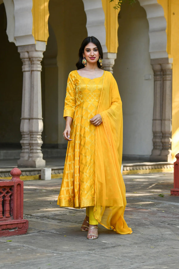 Women's Yellow Anarkali Suit Set- (3Pcs) - Saras The Label