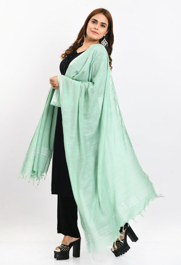 Women's Linen Cotton Silver Border Pista Green Dupatta - Moeza