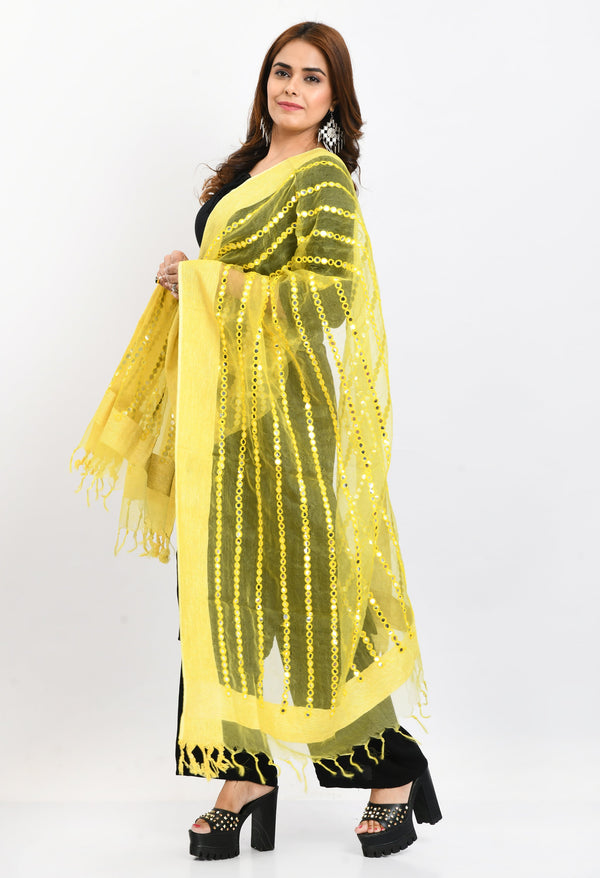 Women's Orgenza Mirror Stripe Thread Work Lemon Yellow Dupatta - Moeza