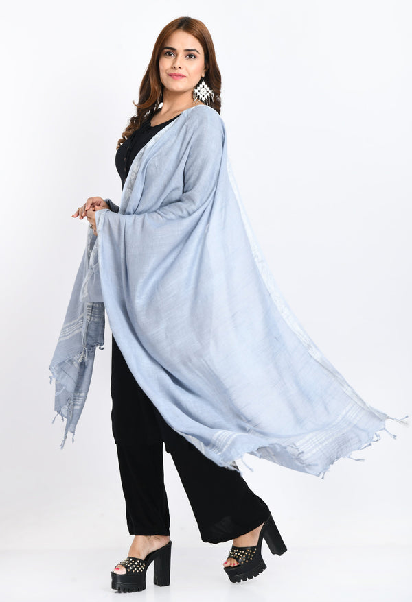 Women's Linen Cotton Silver Border Grey Dupatta - Moeza