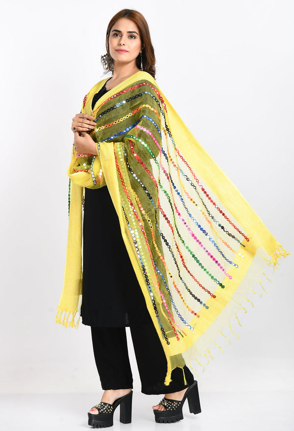 Women's Orgenza Multi Thread Mirror Work Lemon Yellow Dupatta - Moeza