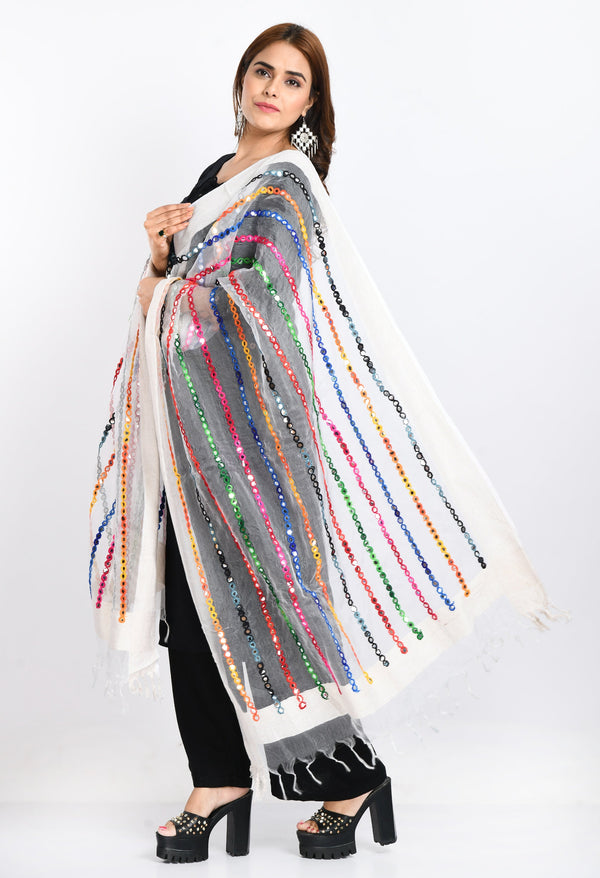 Women's Orgenza Multi Thread Mirror Work White Dupatta - Moeza