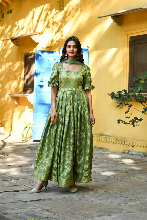 Women's Green Anarkali Gown Set - (2Pcs) - Saras The Label