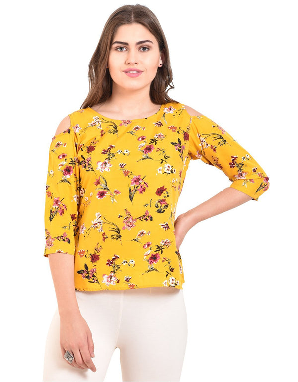 Women's Yellow Printed 3/4 Sleeve Round Crepe Casual Top - Myshka