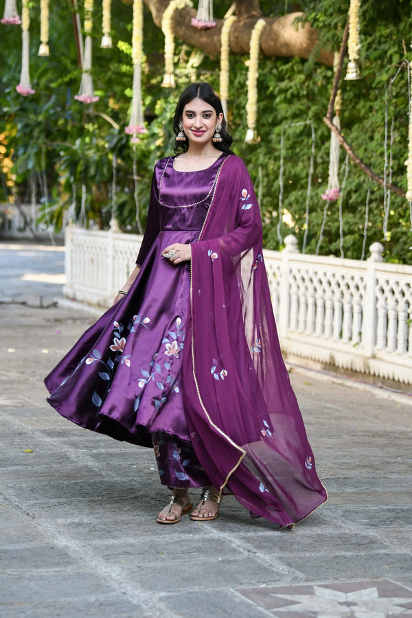 Women's Purple Anarkali Suit Set- (3Pcs) - Saras The Label