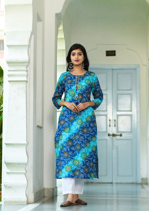 Women's Blue Bandhani Printed Kurta - Yufta