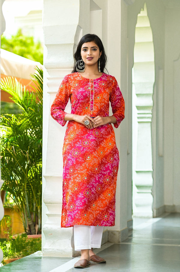 Women's Pink Bandhani Printed Kurta - Yufta