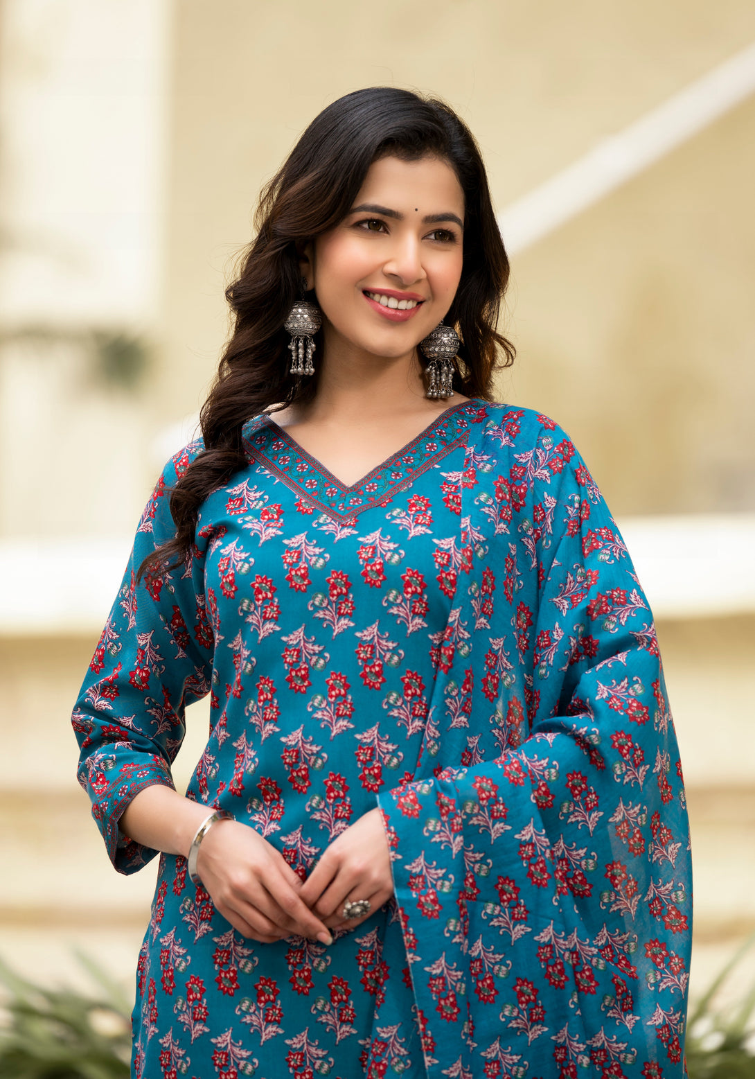 Women's Blue Printed Viscose Rayon Kurta, Pant And Dupatta Set - Alvami