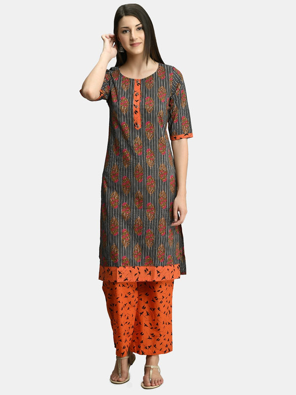 Women Black and Orange Cotton Printed Kurta Palazzo Set by Myshka (2 Pc Set)