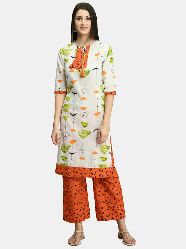 Women White and Orange Cotton Printed Kurta Palazzo Set by Myshka (2 Pc Set)