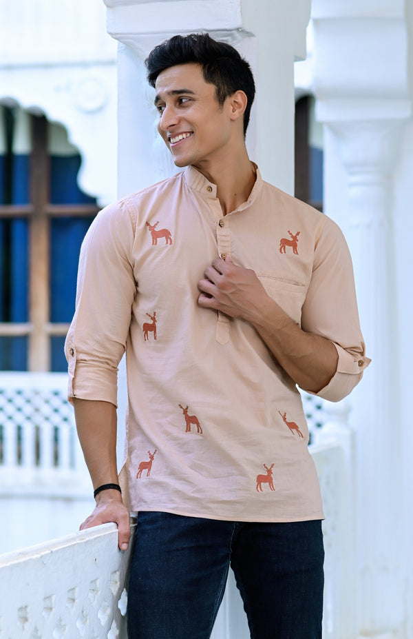 Men's Peach Embroidered Cotton Kurta - Hatheli