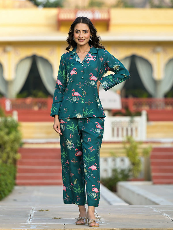 Women's Green Floral Printed Muslin Co-ord Set - Taantav