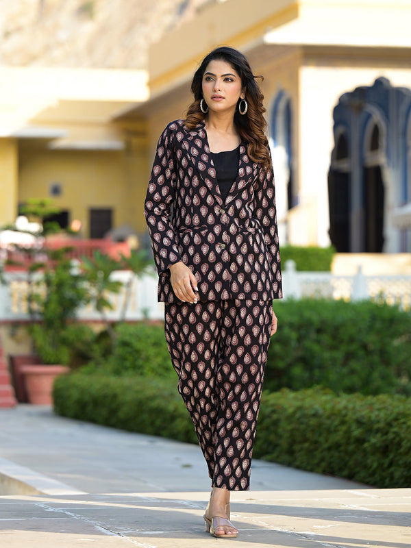 Women's Black & Brown Ethnic Printed Co-ord Set - Taantav