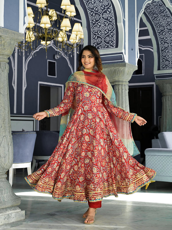 Women's Red Floral Printed Anarkali Muslin Kurta Trouser with Dupatta Set - Taantav