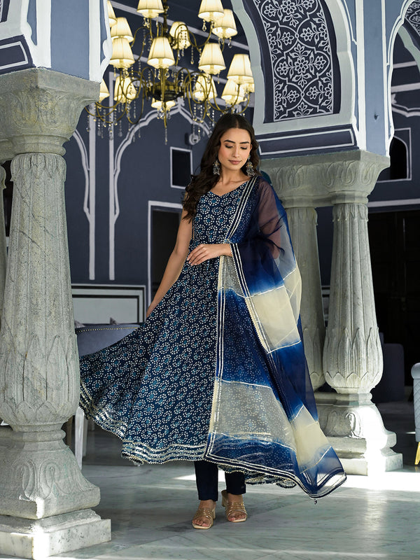 Women's Blue Printed Anarkali Muslin Shoulder Stripe Kurta Trouser with Dupatta Set - Taantav