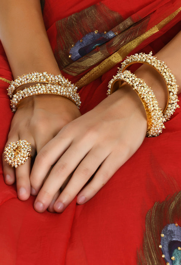 Women's Gold-Plated Beads Work Bangles With Rings - Kamal Johar