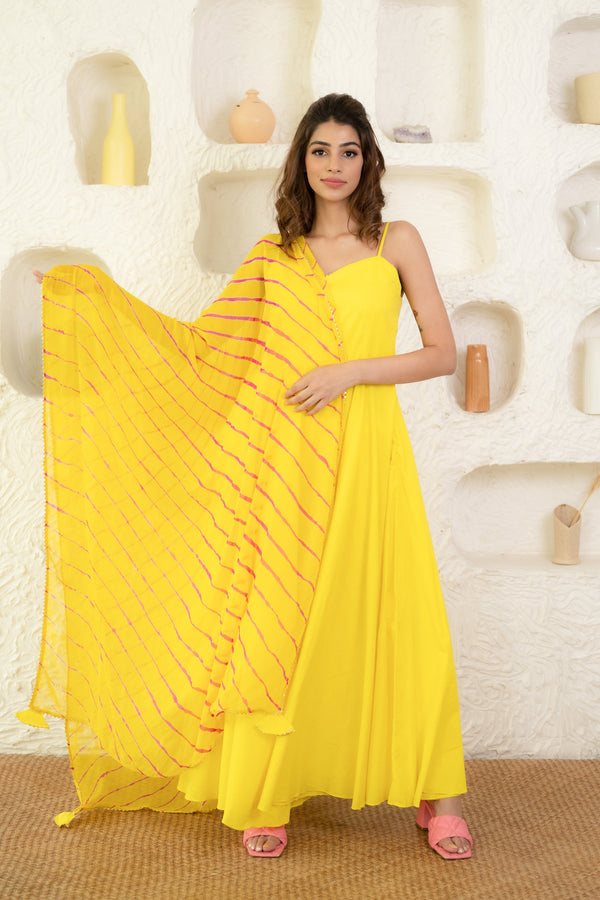 Women's Yellow Gown With Leheriya Dupatta - Saras The Label