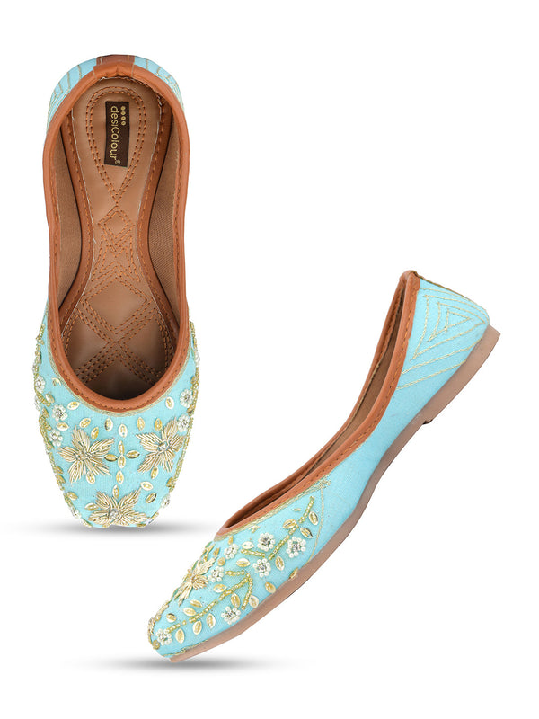 Women's Green Dabka Floral Hand Embroidered  Indian Ethnic Comfort Footwear - Desi Colour