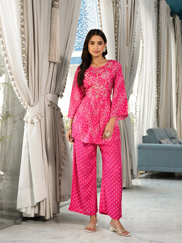 Women's Pink Digital Print Gota Work Pure Muslin Co-ord Set - Taantav