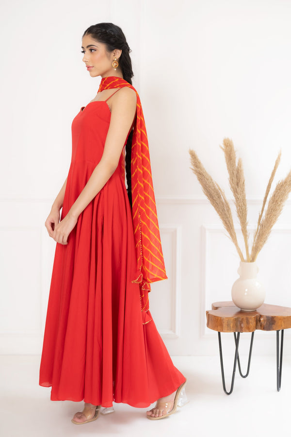 Women's Red Anarkali Gown With Leheriya Dupatta By Saras The Label (2 Pc Set)