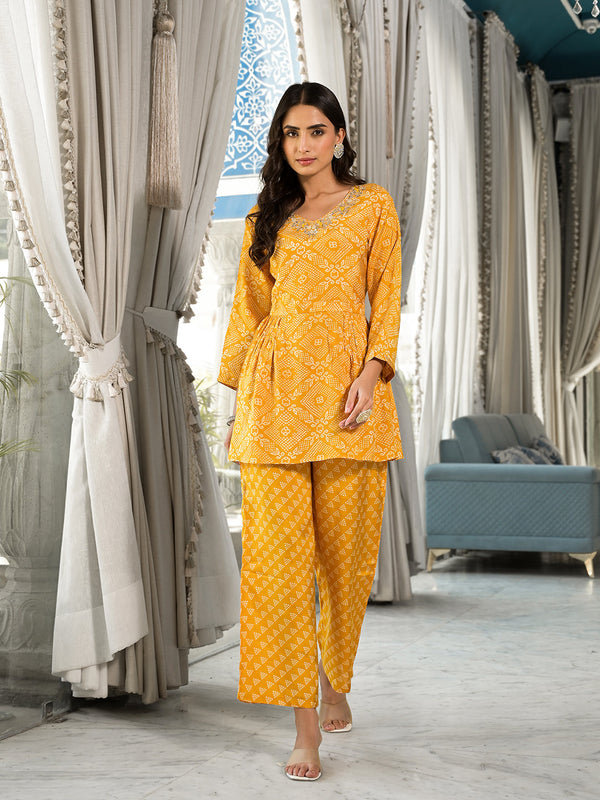 Women's Mustard Yellow Digital Print Gota Work Pure Muslin Co-ord Set - Taantav