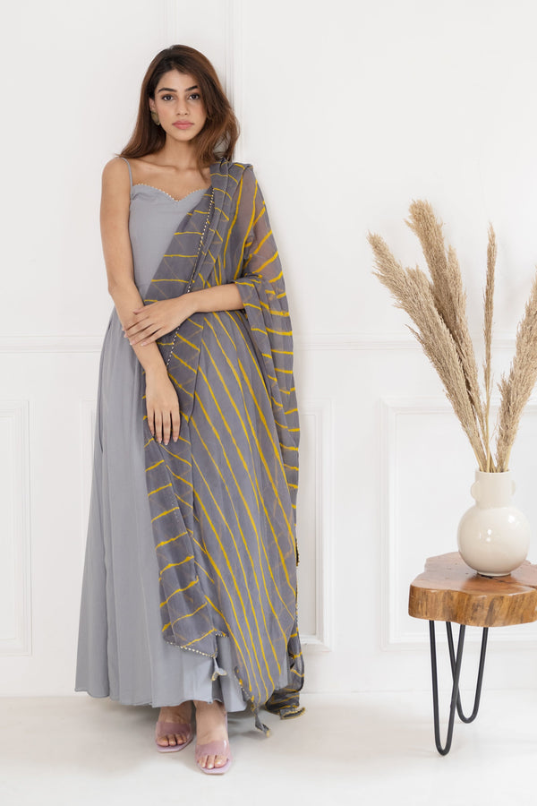 Women's Grye Gown With Leheriya Dupatta - Saras The Label