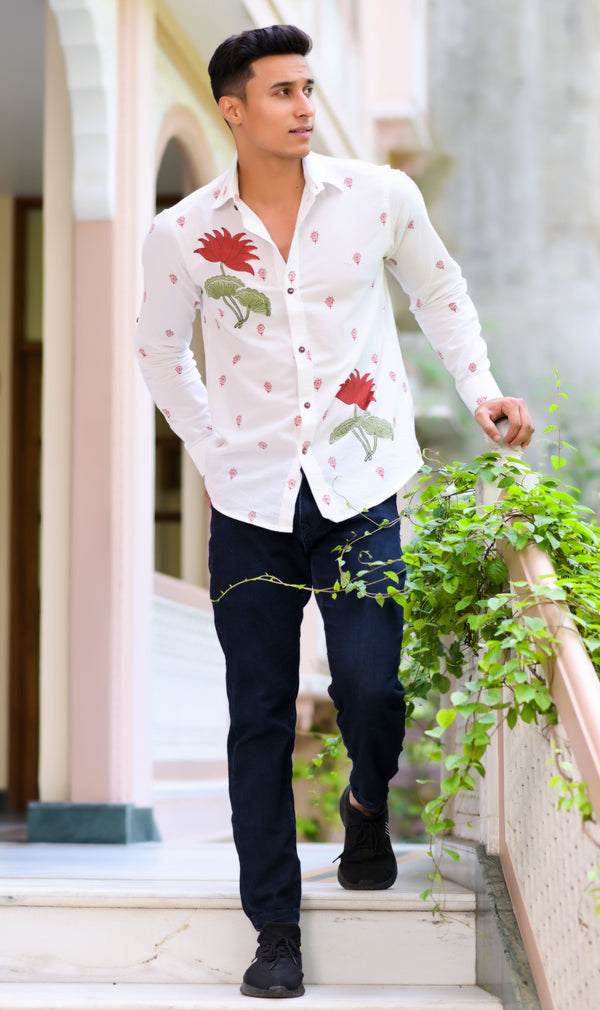 Men's White Hand Block Floral Printed Shirt - Hatheli