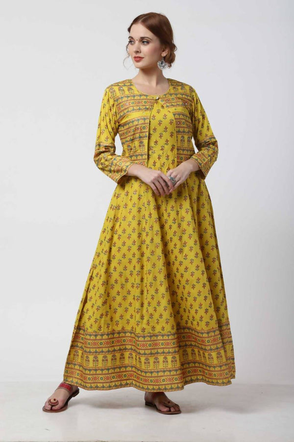 Women's Mustard Viscose Cotton Long Kalidar Kurta With Jacket - Cheera