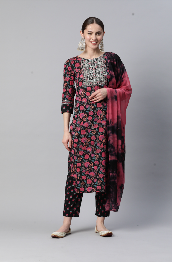 Women's Print & Embroidered Straight Cotton Pink Stitched Kurta Pant With Dupatta - Vbuyz