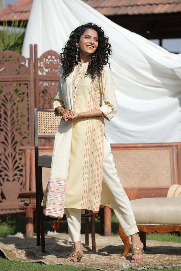 Women's Ivory Rayon Straight Kurta Pant Dupatta Set with Mask1 - Juniper