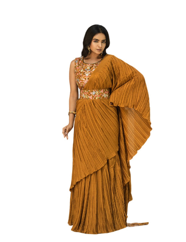 Women's Mustard Chinon Half Side Crush Work Saree - Vamika