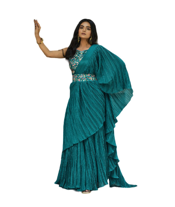 Women's Blue Chinon Half Side Crush Work Saree - Vamika