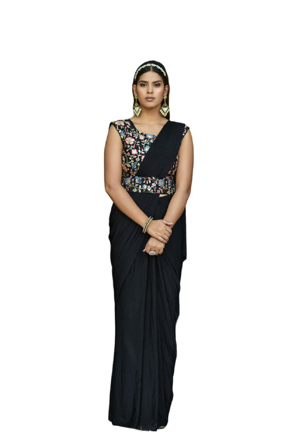 Women's Black Ready To Wear Lycra Saree With Heavy Multi Sequins Work Blouse - Vamika