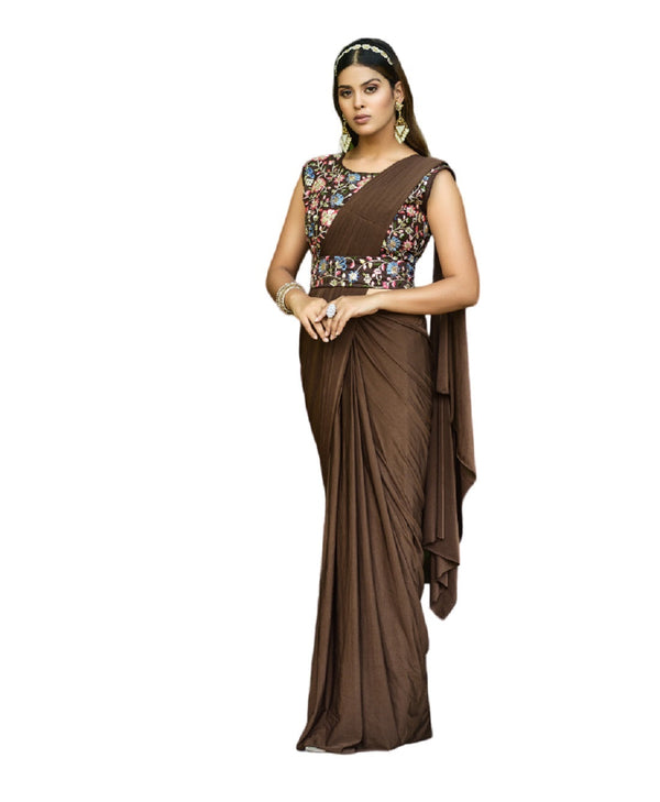 Women's Brown Ready To Wear Lycra Saree With Heavy Multi Sequins Work Blouse - Vamika