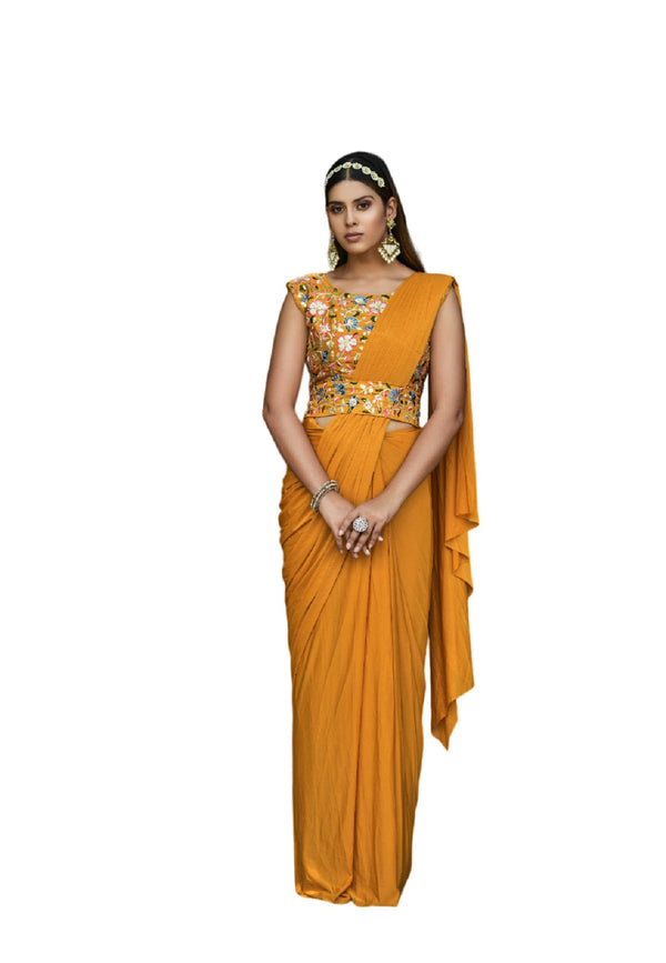 Women's Mustard Ready To Wear Lycra Saree With Heavy Multi Sequins Work Blouse - Vamika