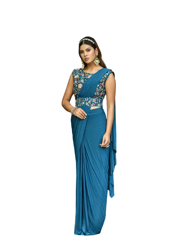 Women's Blue Ready To Wear Lycra Saree With Heavy Multi Sequins Work Blouse - Vamika