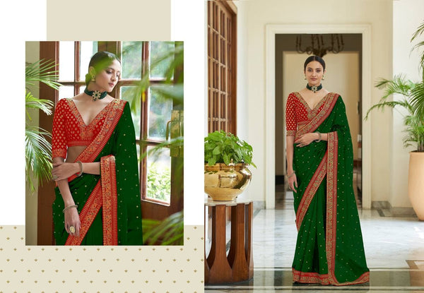 Women's Green Royal Vichitra Silk Sequins Saree - Vamika