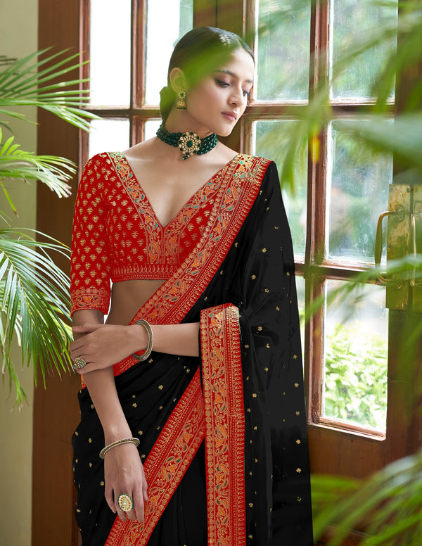 Women's Black Royal Vichitra Silk Sequins,Coding And Thread Multi Work And Havy Work Border Saree - Vamika