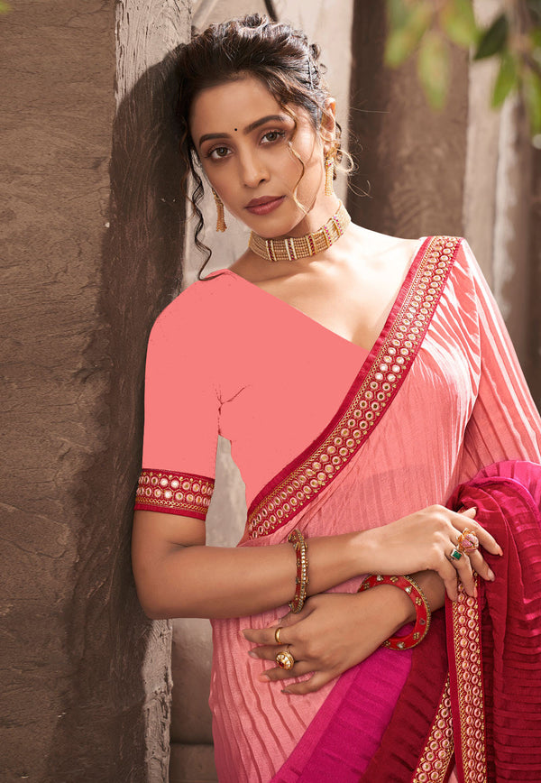 Women's Pink Chinon Heavy Embroidery Mirror Kari Lace Work & Crush Saree - Vamika