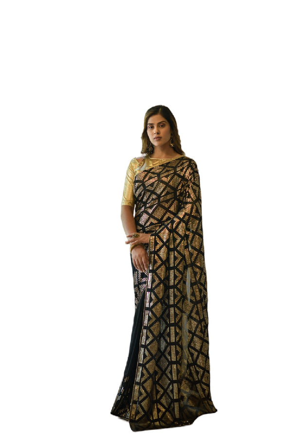 Women's Black Georgette Gota Work Saree - Vamika