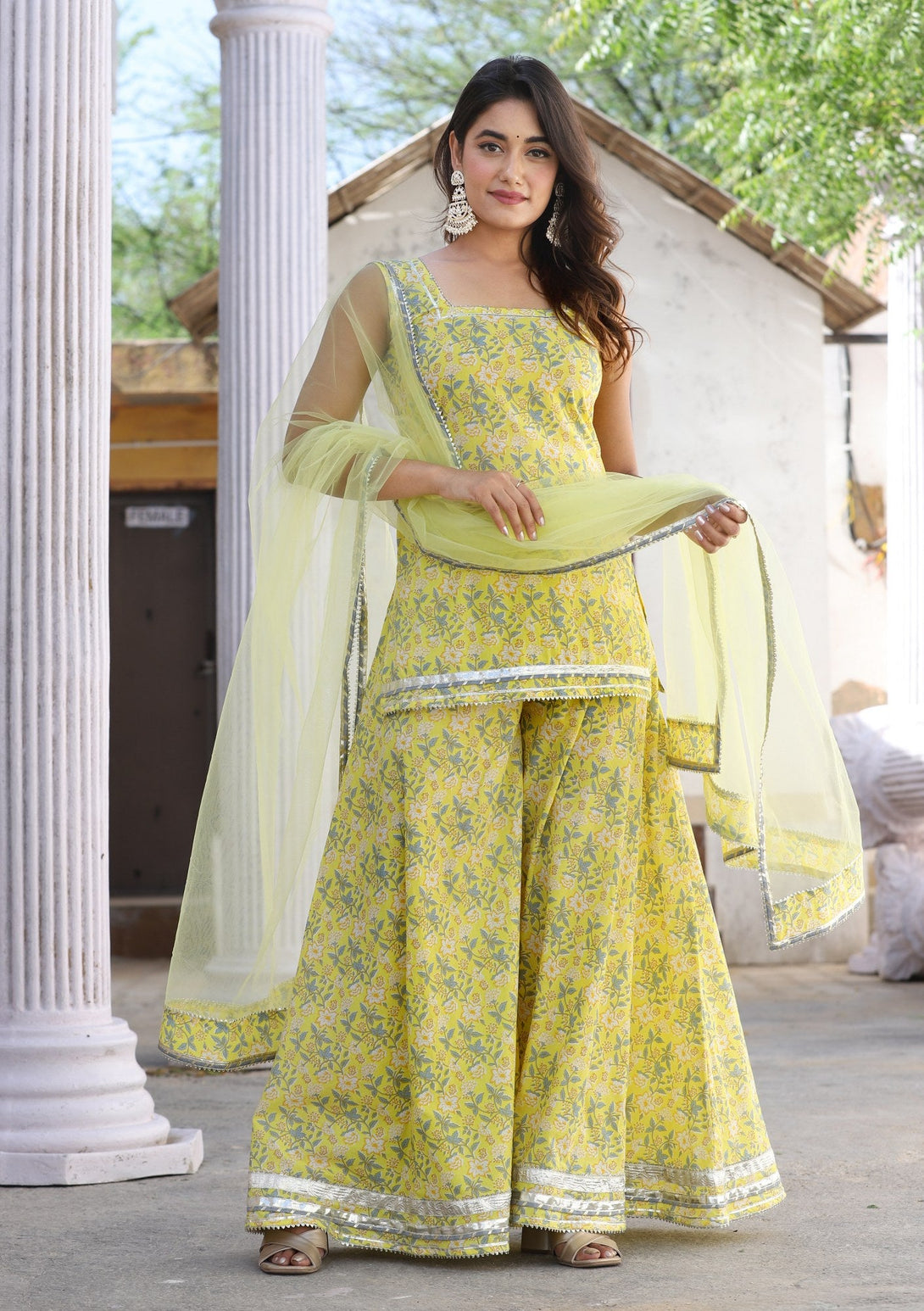 Women's Daisy Yellow Cotton Palazzo Kurti Set - Lado Jaipuri