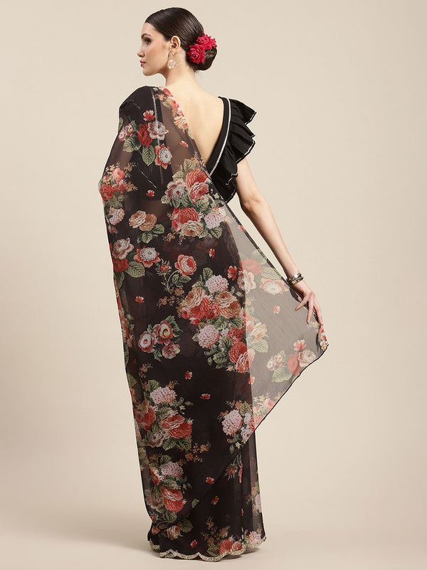 Women's Black Chiffon Digital Print Floral Saree - Ahalyaa