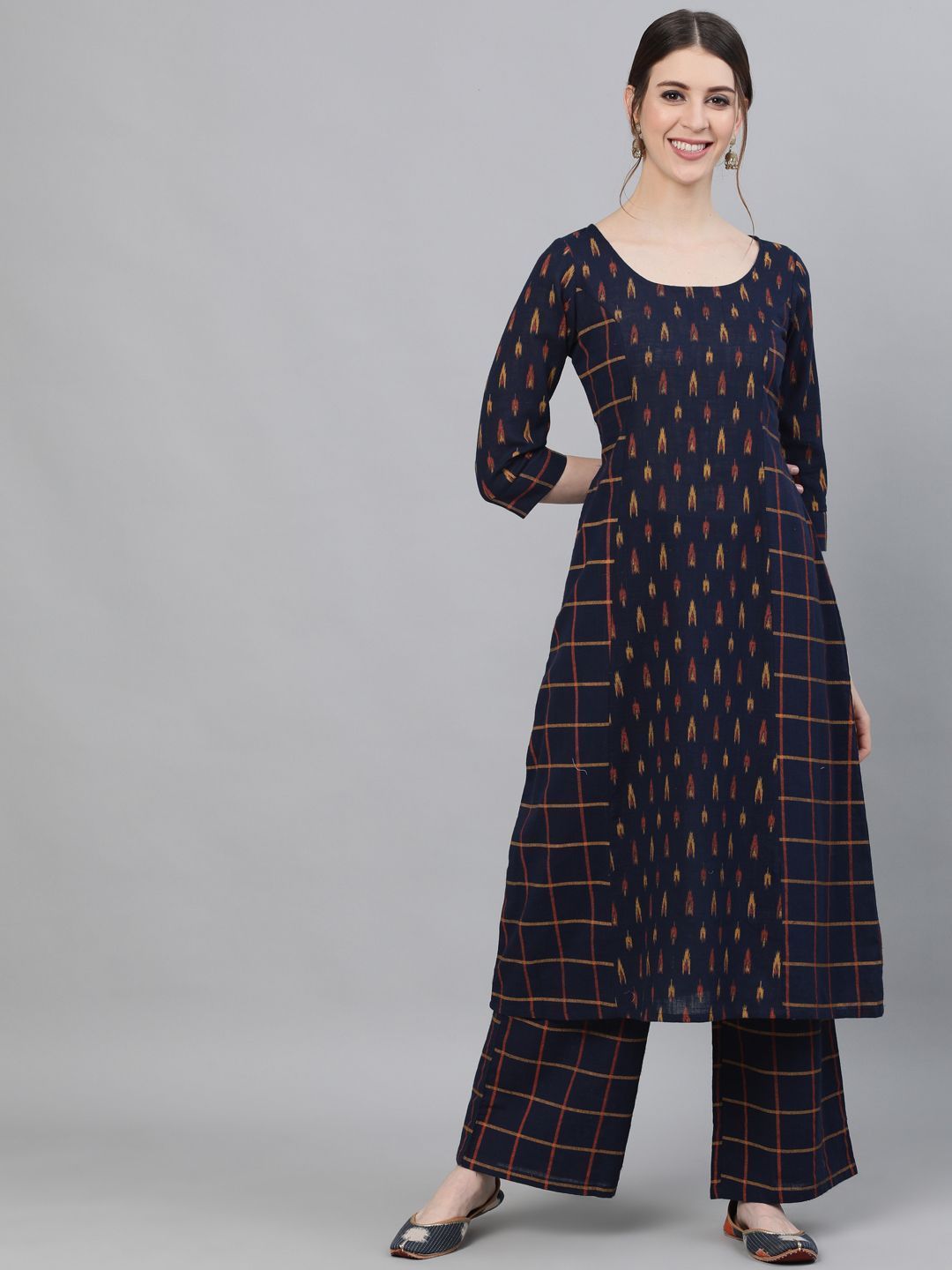 Women's Blue Checks Printed Kurta With Palazzo Set - AKS