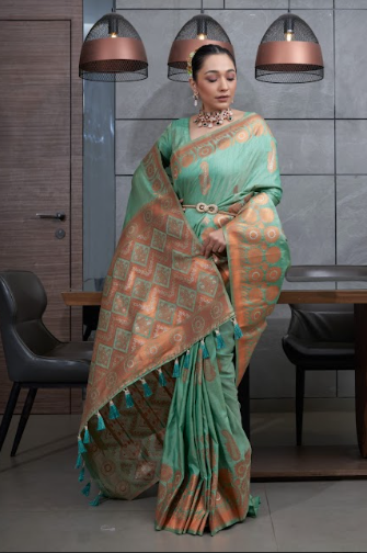 Women's Sea Green Devika Tussar Silk Copper Zari Woven Saree - TASARIKA