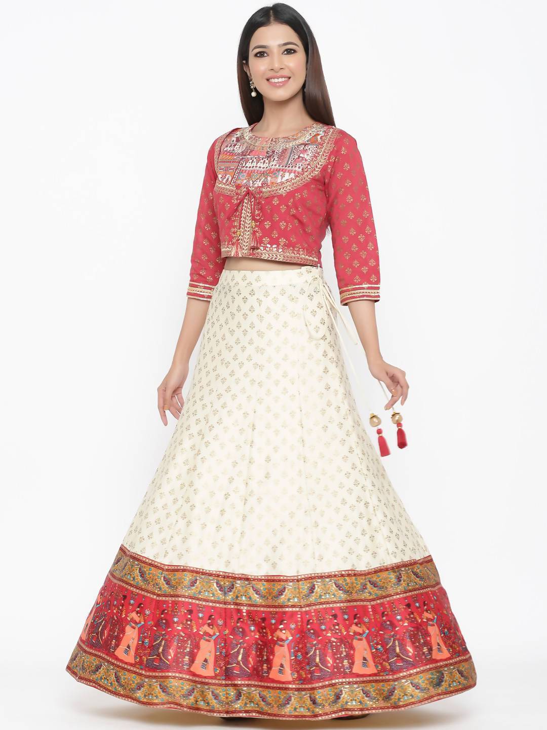 Women's Red & Ivory Dull Satin Embellished Lehenga Choli - Juniper