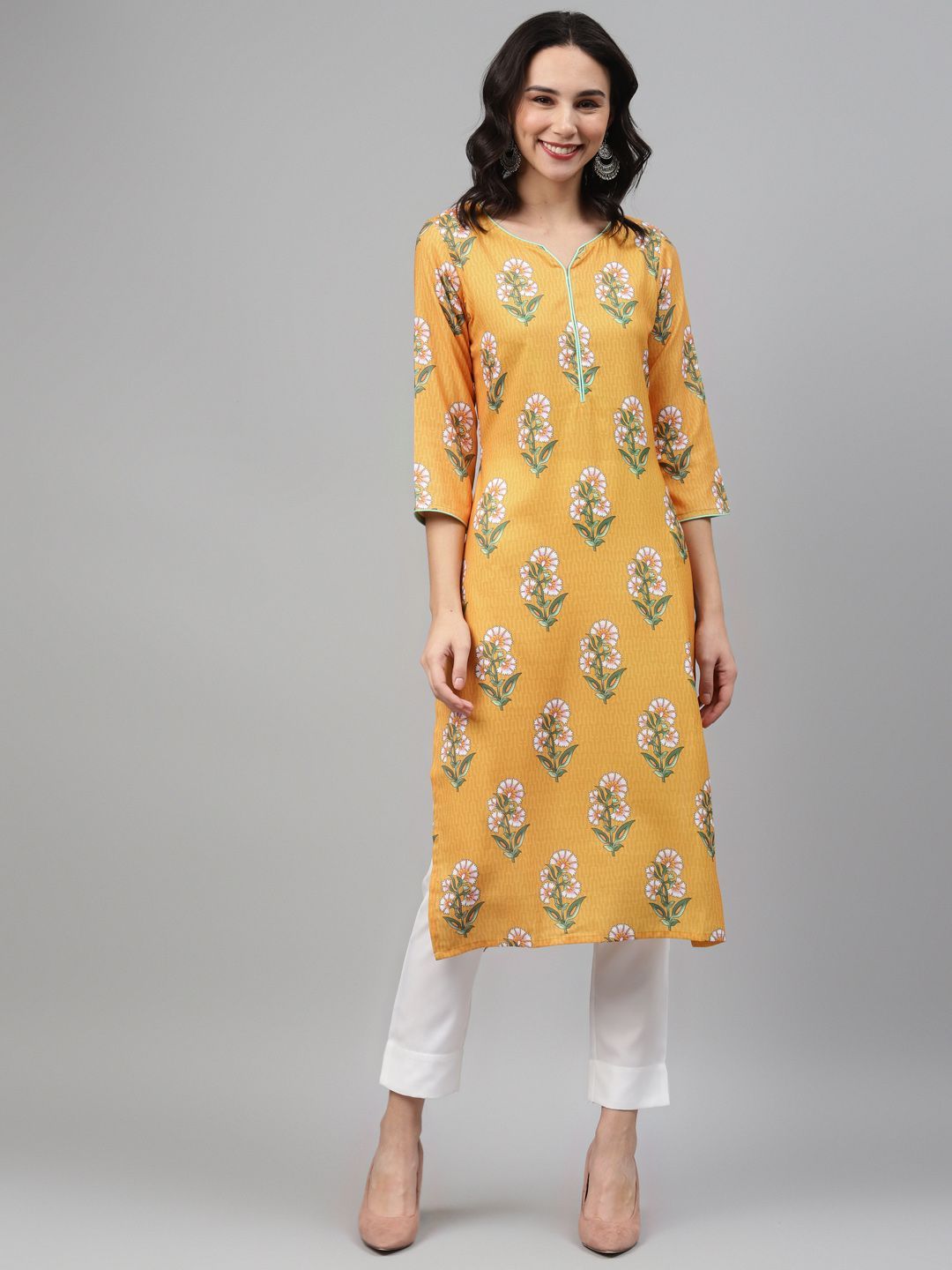 Women's Yellow Color Screen Print Straight Kurta - Ziyaa