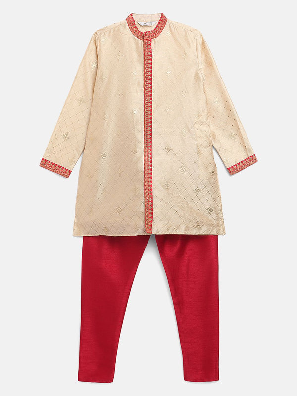 Boys Beige Poly Silk Gold Print Kids Kurta Churidar Set