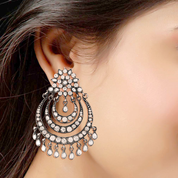 Women's  Silver Oxidised Traditional Stone Studded Chandbali Earrings - i jewels