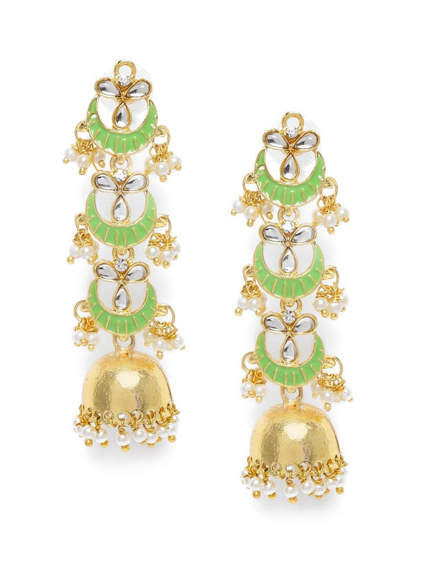 Women's Gold Plated 3 Layered Long Jhumki Earrings With Mint Enamel Glided  - i jewels