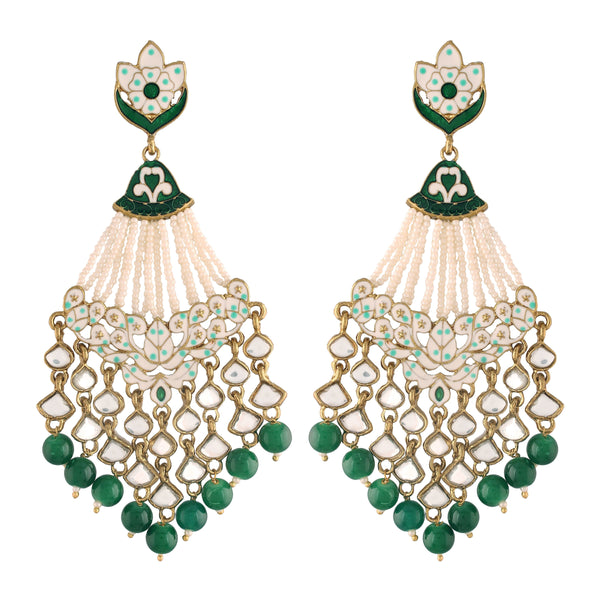 Women's Green Gold Plated Traditional Handcrafted Meena Work Earring Glided With Kundan & Pearls  - i jewels